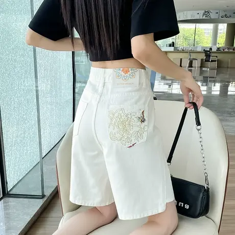 新中式国风刺绣牛仔短裤女夏季薄款高腰显瘦a字宽松白色五分中裤商品大图