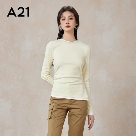 A21女装针织显瘦圆领长袖T恤春秋季假两件设计感不对称打底上衣女图片