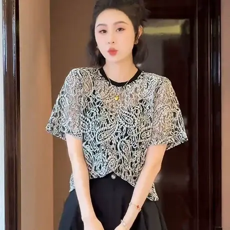 2025夏装新款短袖女装遮肉显瘦提性感花蕾丝透视短袖t恤衫女上衣商品大图