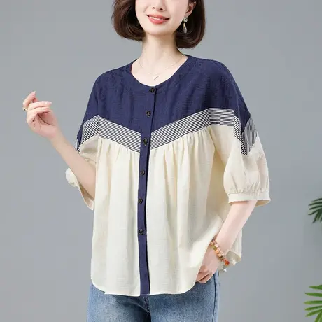 衬衫女短袖夏季新款纯棉宽松加大码中年妈妈洋气撞色拼接圆领衬衣图片