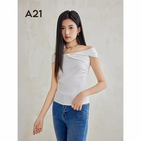 A21秋季新款2024女装针织修身显瘦一字领袖T恤辣妹氛围感露肩上衣商品大图
