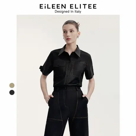 【意大利设计】朗姿纯棉复古休闲衬衣上衣女2024秋季新款短袖衬衫图片