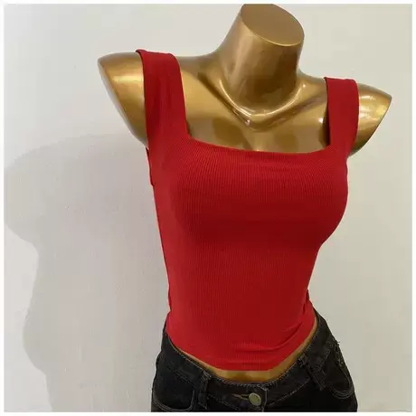 chao正红色～方领紧身无袖背心打底衫女2021韩国新款性感短款吊带图片