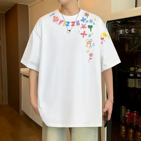 美式复古设计感花朵短袖t恤男夏季2025新款潮牌高街情侣半袖上衣图片