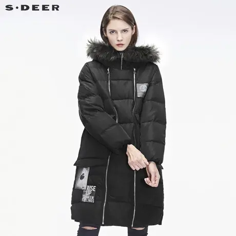 sdeer圣迪奥2018冬装新款贴袋H廓形高领连帽毛领羽绒服S18482419商品大图