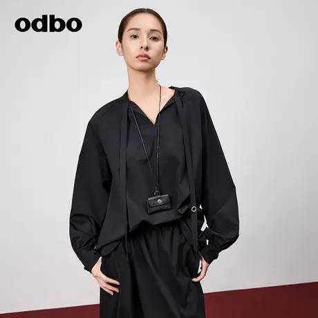 odbo/欧迪比欧时尚气质小立领长袖黑色T恤女春季新款宽松显瘦上衣图片