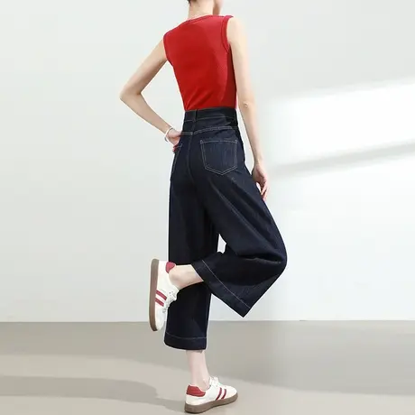 莱赛尔天丝牛仔裤女夏季薄款高腰直筒宽松明线小个子八九分阔腿裤商品大图