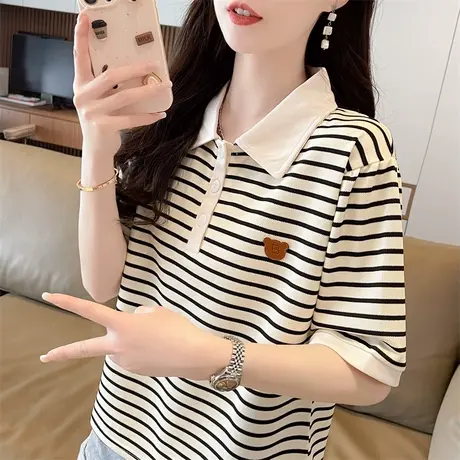 翻领polo衫短袖t恤女夏季韩版宽松大码女装条纹撞色小个子上衣服商品大图
