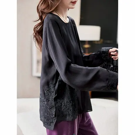 宝诗黎圆领刺绣拼接宽松雪纺衫2025春季新款气质简约百搭休闲女装商品大图