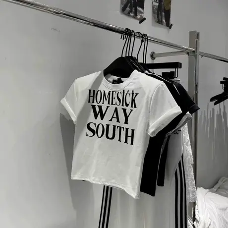 韩国东大门2025夏季新款美式修身字母印花短款垫肩短袖T恤上衣女商品大图