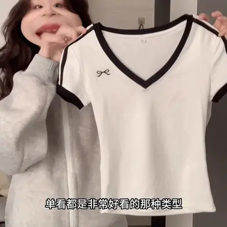 小个子短款撞色V领正肩短袖T恤女夏季韩版修身显瘦蝴蝶结刺绣上衣商品大图