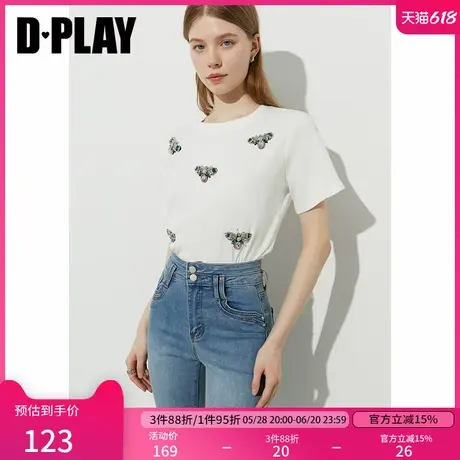 DPLAY2025年夏季新款白色t恤女法式立体彩钻镶钻装饰圆领短袖上衣图片