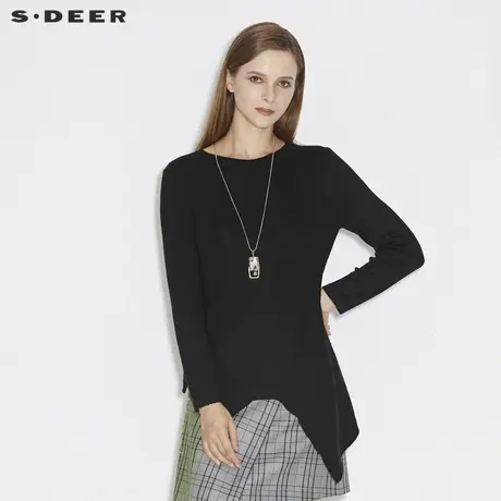 sdeer圣迪奥女装春秋装休闲罗纹圆领不规则黑色针织衫S21383504商品大图