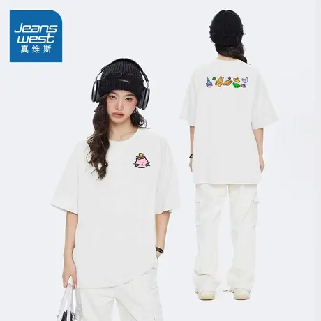 JR真维斯2025夏季女装抽褶正肩宽松休闲短T百搭时尚潮流圆领印花商品大图