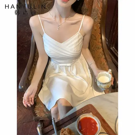 韩语琳 7/08 法式名媛风米白褶皱吊带连衣裙2025女夏季新款商品大图