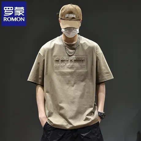 罗蒙轻奢男士纯棉短袖T恤2025夏季重磅宽松圆领简约外穿上衣薄N1Z商品大图