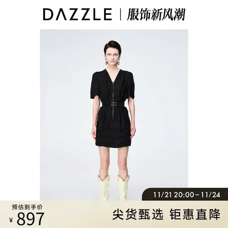 DAZZLE地素奥莱 春季简约黑色工装风短袖拉链设计V领连衣裙女图片