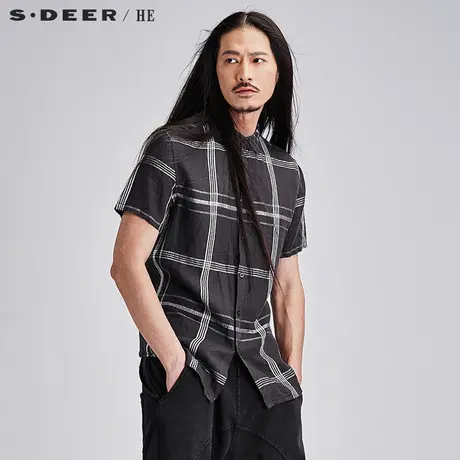 sdeerhe圣迪奥男装夏装时尚休闲格纹纯亚麻短袖衬衫H15270456图片