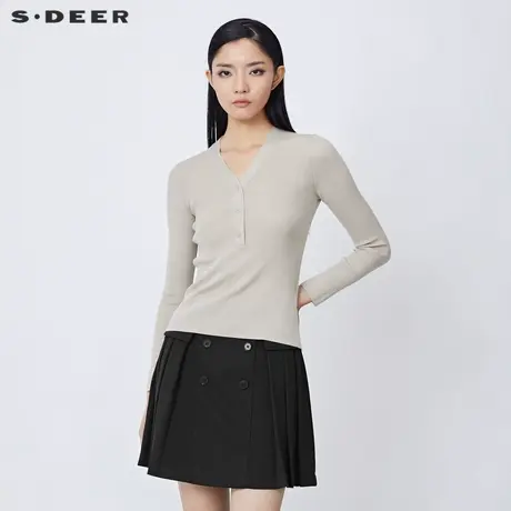 sdeer圣迪奥春装休闲V领半门襟修身长袖针织衫S21463509图片