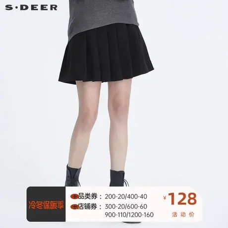 sdeer圣迪奥女装时尚百褶腰带毛呢半身裙黑色短裙子秋S20481312📤商品大图