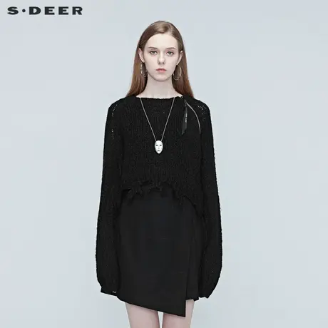 sdeer圣迪奥秋季新品酷感圆领印花飘带毛边针织衫S20383514图片
