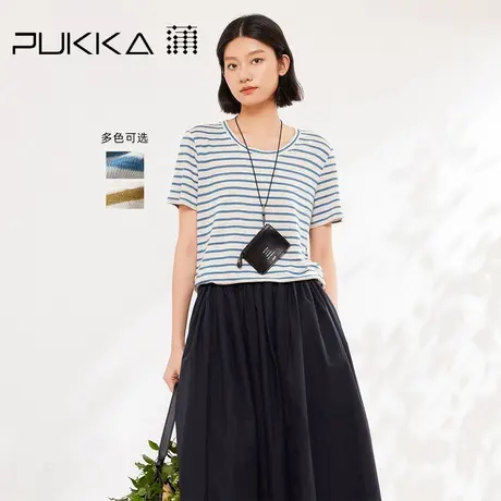 蒲PUKKA 亚麻条纹短袖T恤女2025夏季新款简约百搭休闲上衣图片