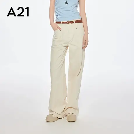 A21女装米杏色宽松百搭休闲裤简约长裤自然腰阔腿裤宽松显瘦商品大图