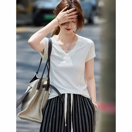 时尚短袖T恤2025年夏季新款女V领拼接蕾丝修身百搭纯色简约上衣商品大图