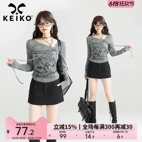 KEIKO 美式复古扎染灰色长袖t恤25春夏辣妹字母印花显瘦挂脖上衣图片