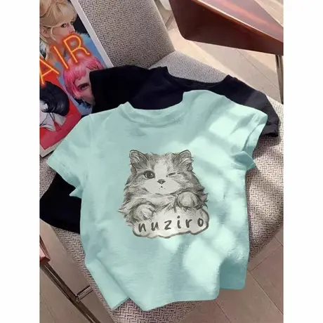 猫咪印花薄荷绿正肩短袖t恤女夏季多巴胺穿搭甜辣修身掐腰短上衣商品大图
