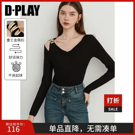 DPLAY2025年春季新款黑色t恤女上衣独特紧身性感修身打底衫长袖图片