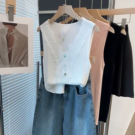 蕾丝v领冰丝针织衫女背心2025夏装新款弹力内搭上衣外穿薄美背潮商品大图
