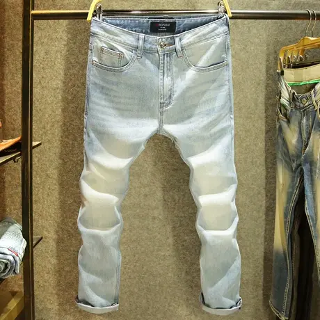 浅蓝色高端水洗牛仔裤男款修身小脚裤2025新款夏季时尚百搭长裤子图片