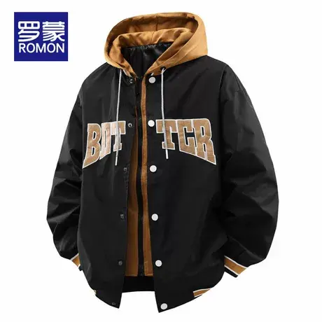 罗蒙假两件外套男士春秋季美式潮流日系连帽休闲上衣痞帅夹克男装图片