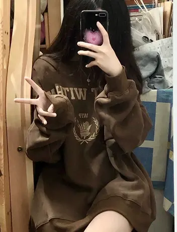 韩风chic咖色大码卫衣女秋季美式复古oversize长袖潮ins宽松上衣图片
