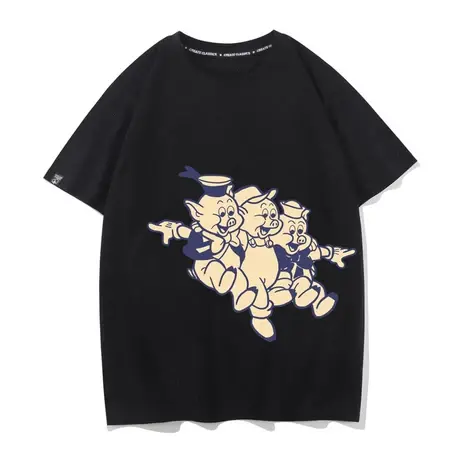 秀洛卡通印花三只小猪夏季短袖T恤女男潮流潮牌宽松半袖体恤情侣图片