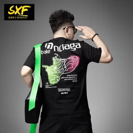 SXF圣希梵男士t恤短袖 2024夏季新款潮牌印花宽松嘻哈纯棉上衣男商品大图