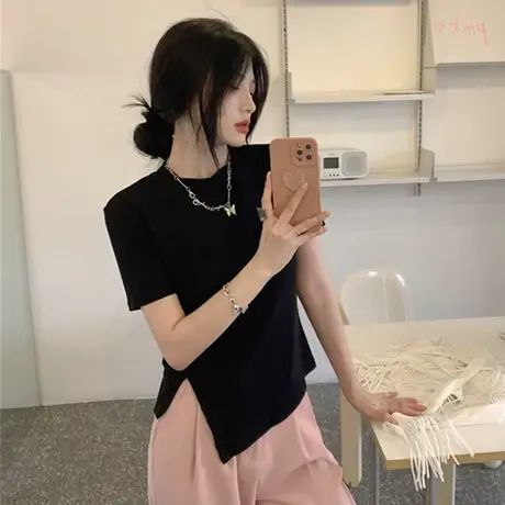 正肩半袖T恤女装短袖体恤2024夏季新款不规则上衣设计感小众短款图片