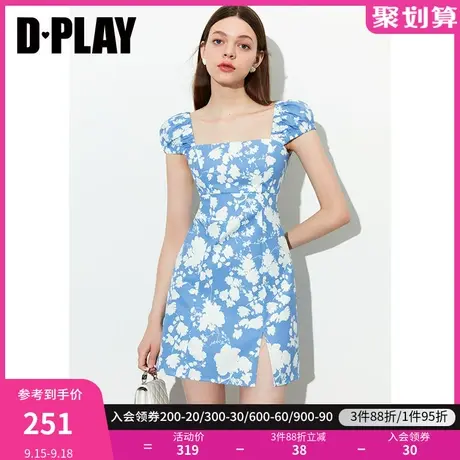 DPLAY2023夏新法式度假风蓝调剪影方领泡泡袖侧开衩印花连衣裙图片