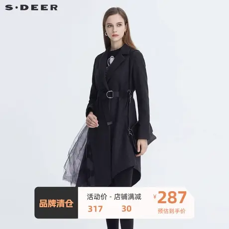 sdeer圣迪奥新品女装休闲西装领收腰网纱印花毛呢大衣S20481706🍨商品大图