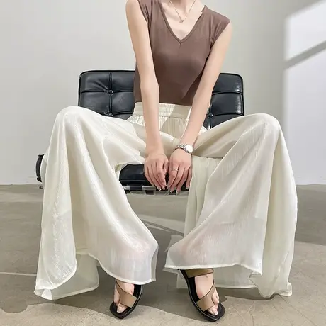 冰丝防晒抗皱雪纺裙裤女夏季薄款高腰宽松垂感休闲凉凉百褶阔腿裤商品大图