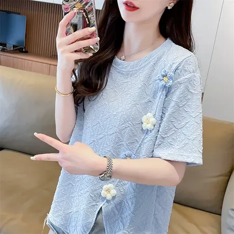 设计感小众短袖t恤女夏季韩版宽松大码女装不规则开叉褶皱上衣服商品大图
