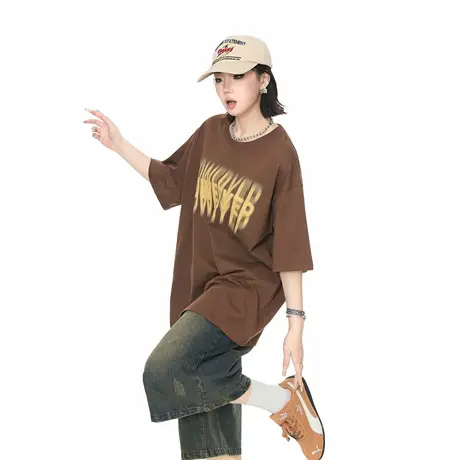 2025新款印花短袖T恤女夏季潮牌美式街头风情侣款宽松半袖上衣图片