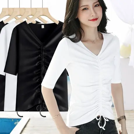 v领螺纹棉抽绳上衣女设计感中袖夏季新款打底紧身五分袖t恤衫女装商品大图