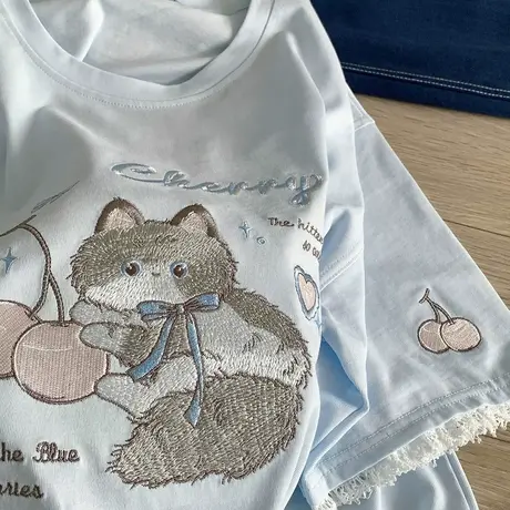 baby婴儿蓝！减龄可爱樱桃猫刺绣短袖t恤女夏季宽松圆领花边上衣商品大图