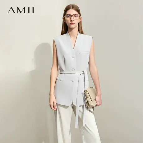 Amii极简马夹女2025夏季新款通勤纯色配腰带无袖中长修身微弹马甲商品大图