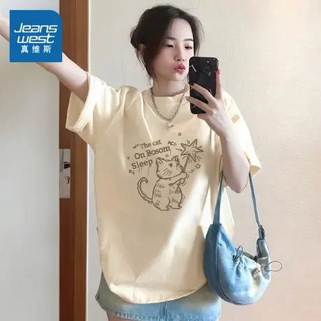 KMV真维斯纯棉短袖t恤女2025年新款夏季大码宽松半袖胖mm韩版上衣商品大图