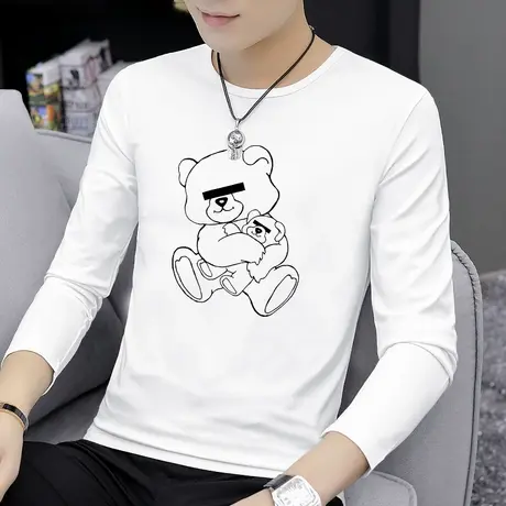 莫代尔白色t恤男长袖小熊潮流印花上衣服内搭打底衫圆领秋季小衫商品大图