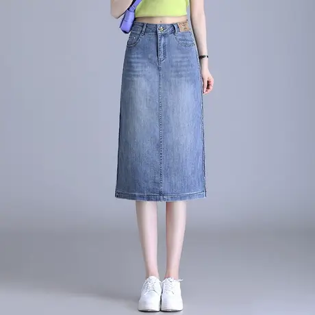 牛仔半身裙女夏季2025新款高腰中长款过膝开叉直筒a字一步包臀裙商品大图