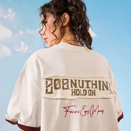 Nuthink潮牌须边贴布刺绣短袖字母印花T恤薄款情侣男女2025夏新款图片